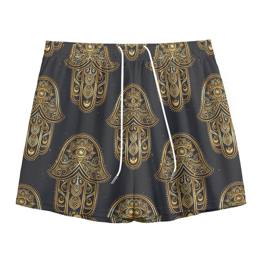 Gold Hamsa Pattern Print Mesh Shorts