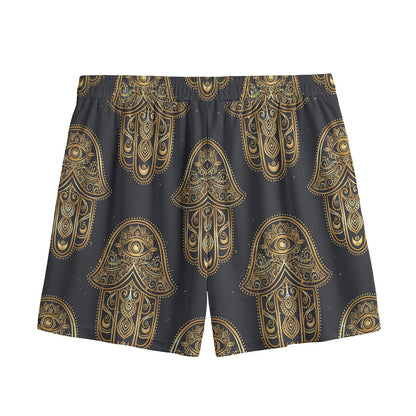 Gold Hamsa Pattern Print Mesh Shorts