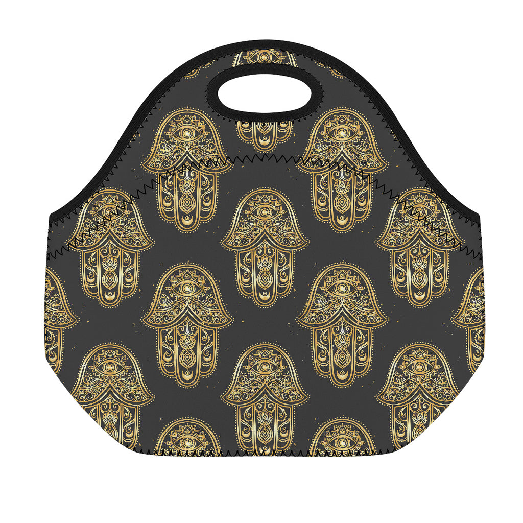 Gold Hamsa Pattern Print Neoprene Lunch Bag