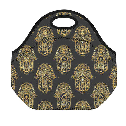 Gold Hamsa Pattern Print Neoprene Lunch Bag