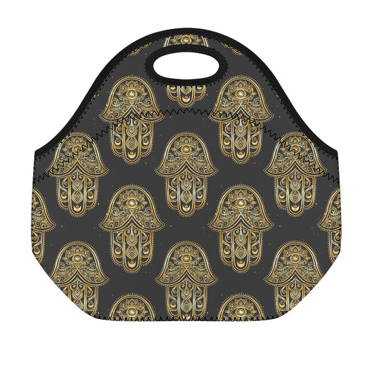 Gold Hamsa Pattern Print Neoprene Lunch Bag