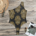 Gold Hamsa Pattern Print One Shoulder Bodysuit