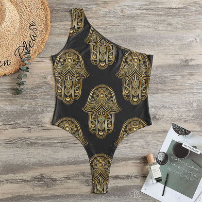Gold Hamsa Pattern Print One Shoulder Bodysuit