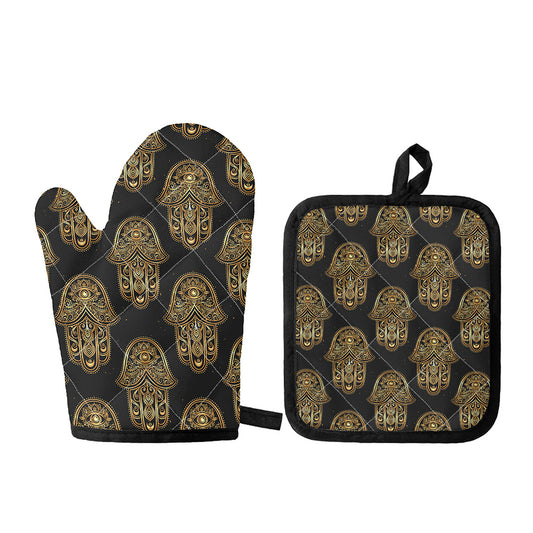 Gold Hamsa Pattern Print Oven Mitt And Pot Holder Set