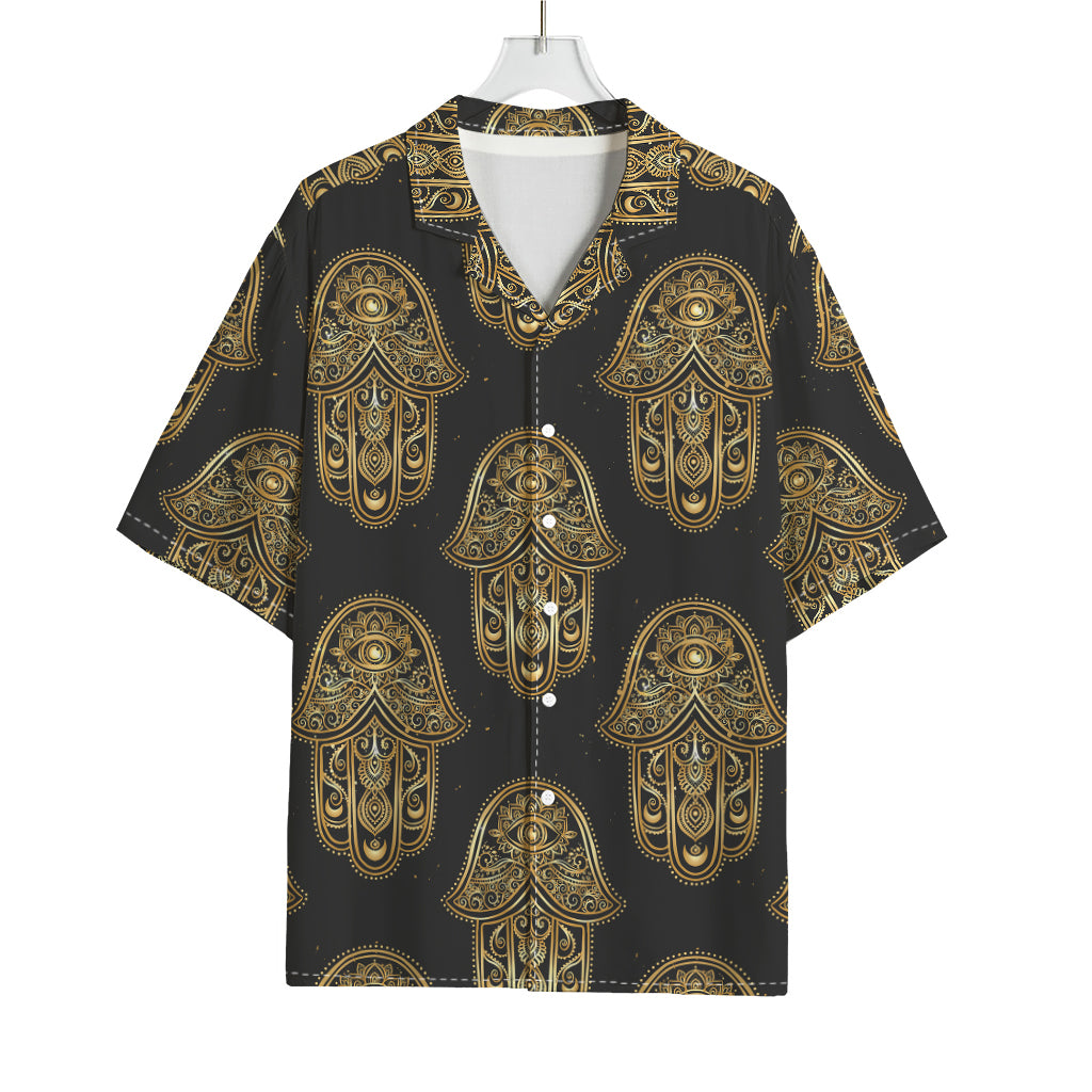 Gold Hamsa Pattern Print Rayon Hawaiian Shirt