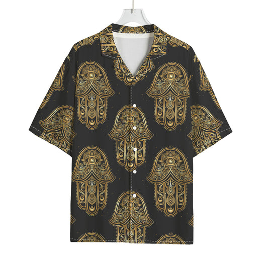 Gold Hamsa Pattern Print Rayon Hawaiian Shirt