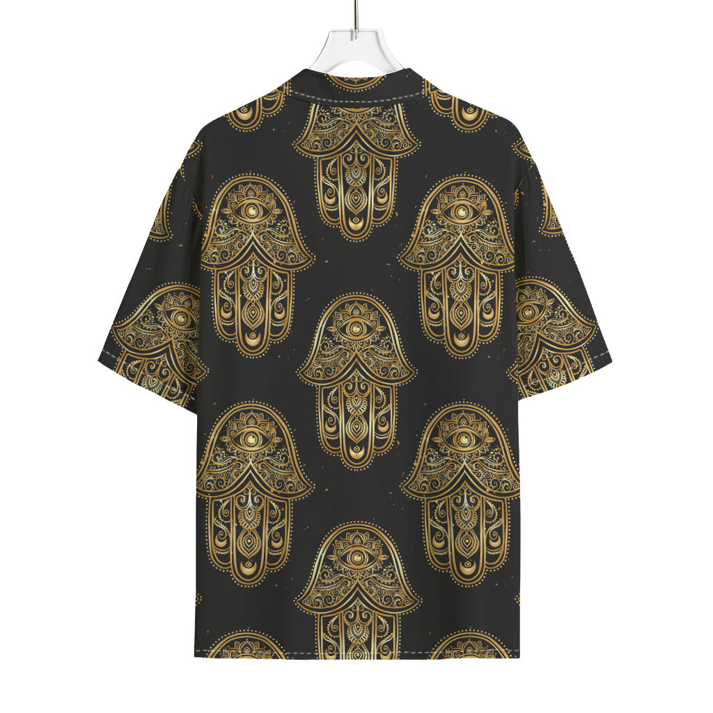 Gold Hamsa Pattern Print Rayon Hawaiian Shirt