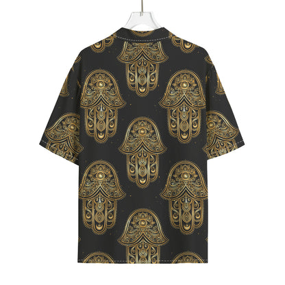 Gold Hamsa Pattern Print Rayon Hawaiian Shirt