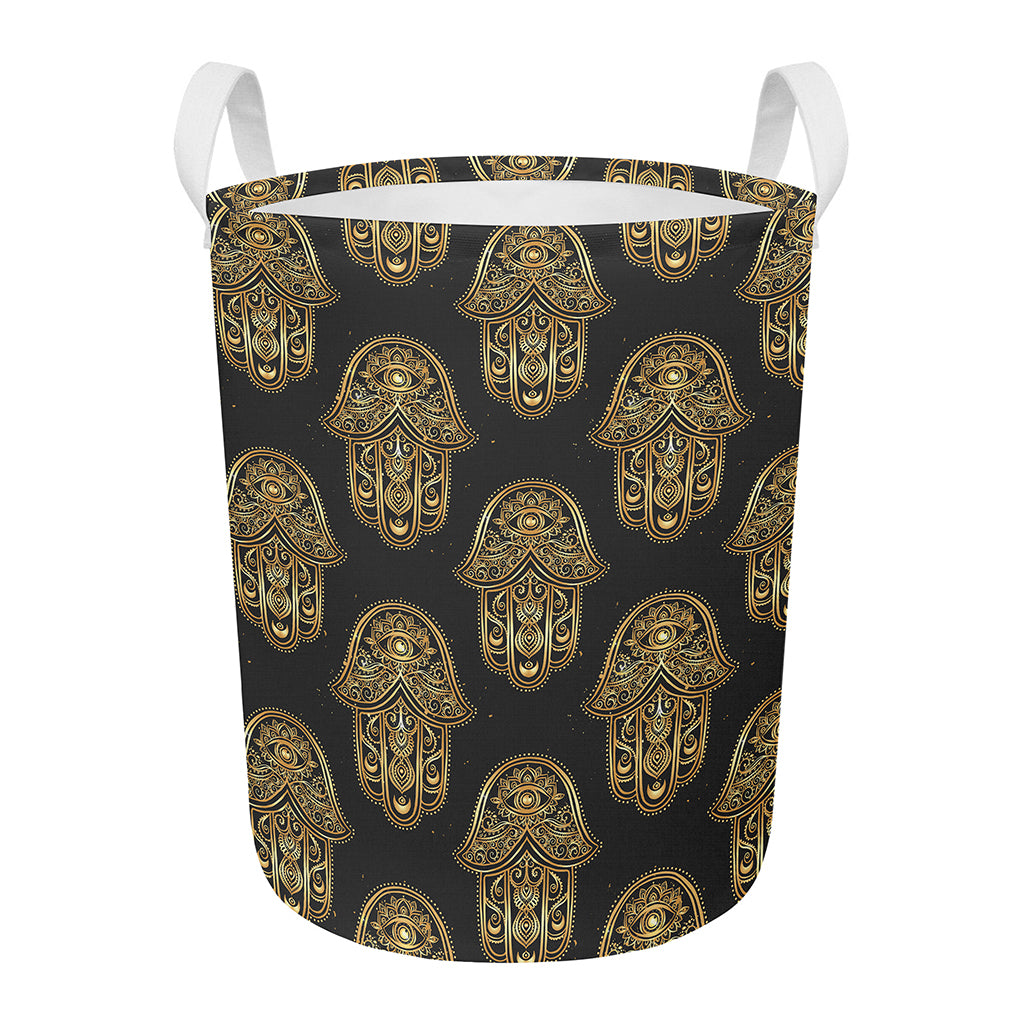 Gold Hamsa Pattern Print Round Laundry Basket