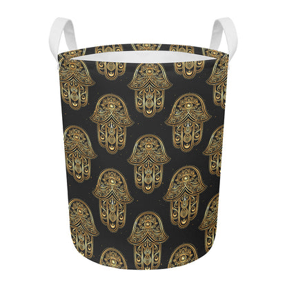 Gold Hamsa Pattern Print Round Laundry Basket