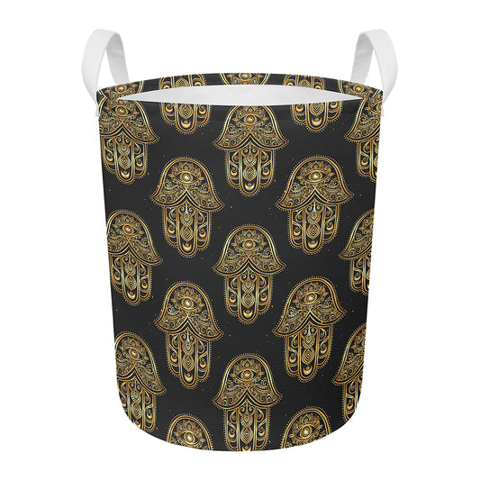 Gold Hamsa Pattern Print Round Laundry Basket