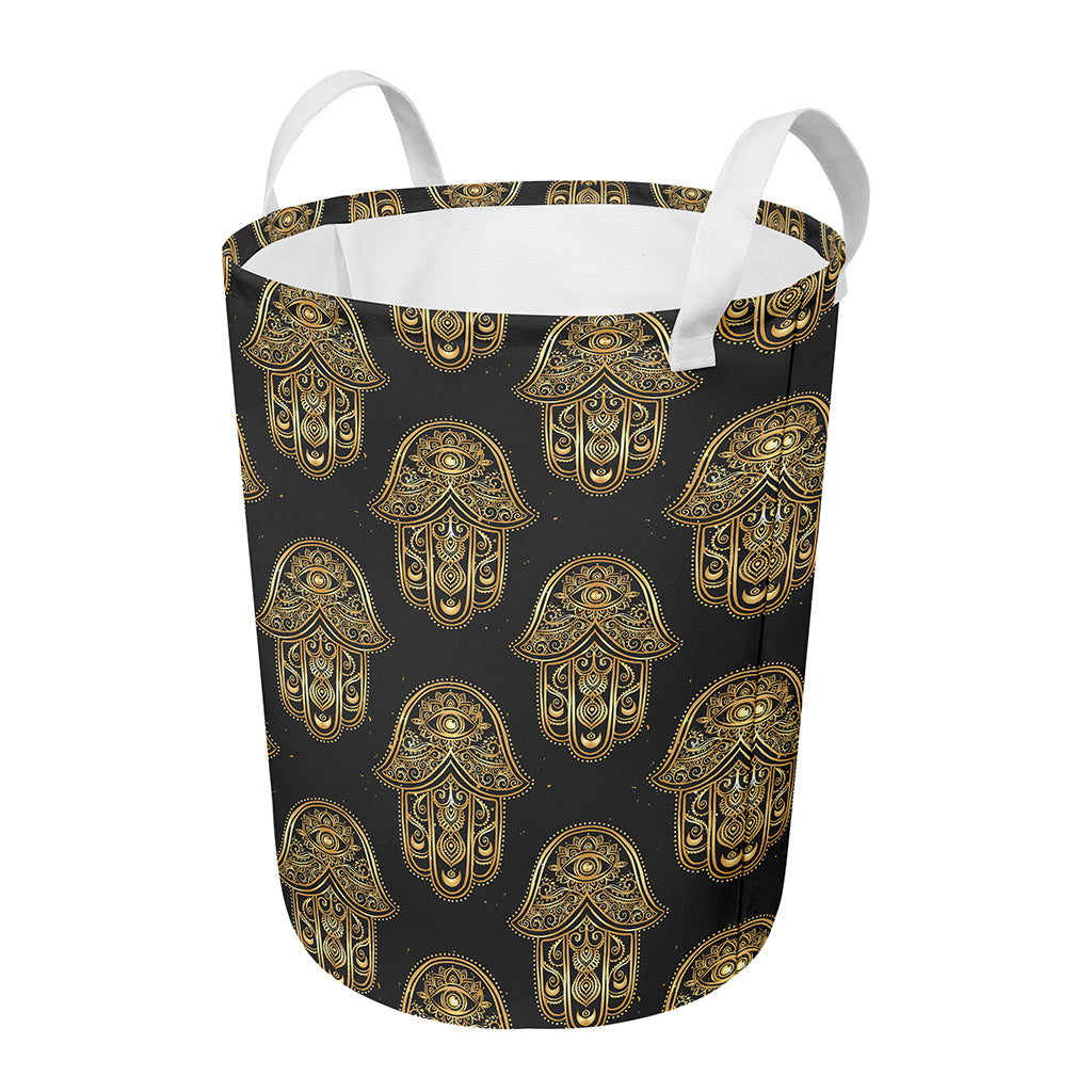 Gold Hamsa Pattern Print Round Laundry Basket