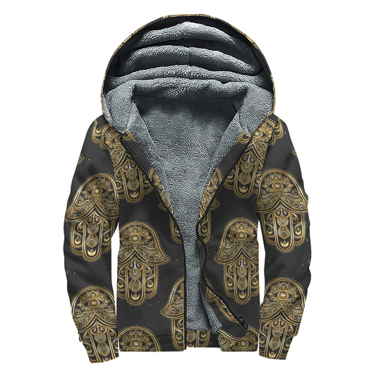 Gold Hamsa Pattern Print Sherpa Lined Zip Up Hoodie
