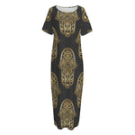 Gold Hamsa Pattern Print Short Sleeve Long Nightdress