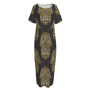 Gold Hamsa Pattern Print Short Sleeve Long Nightdress