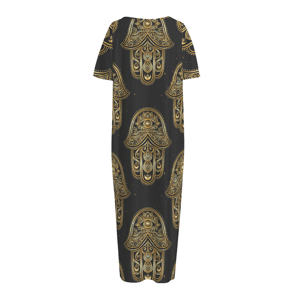 Gold Hamsa Pattern Print Short Sleeve Long Nightdress