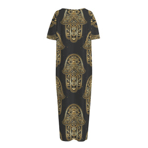 Gold Hamsa Pattern Print Short Sleeve Long Nightdress