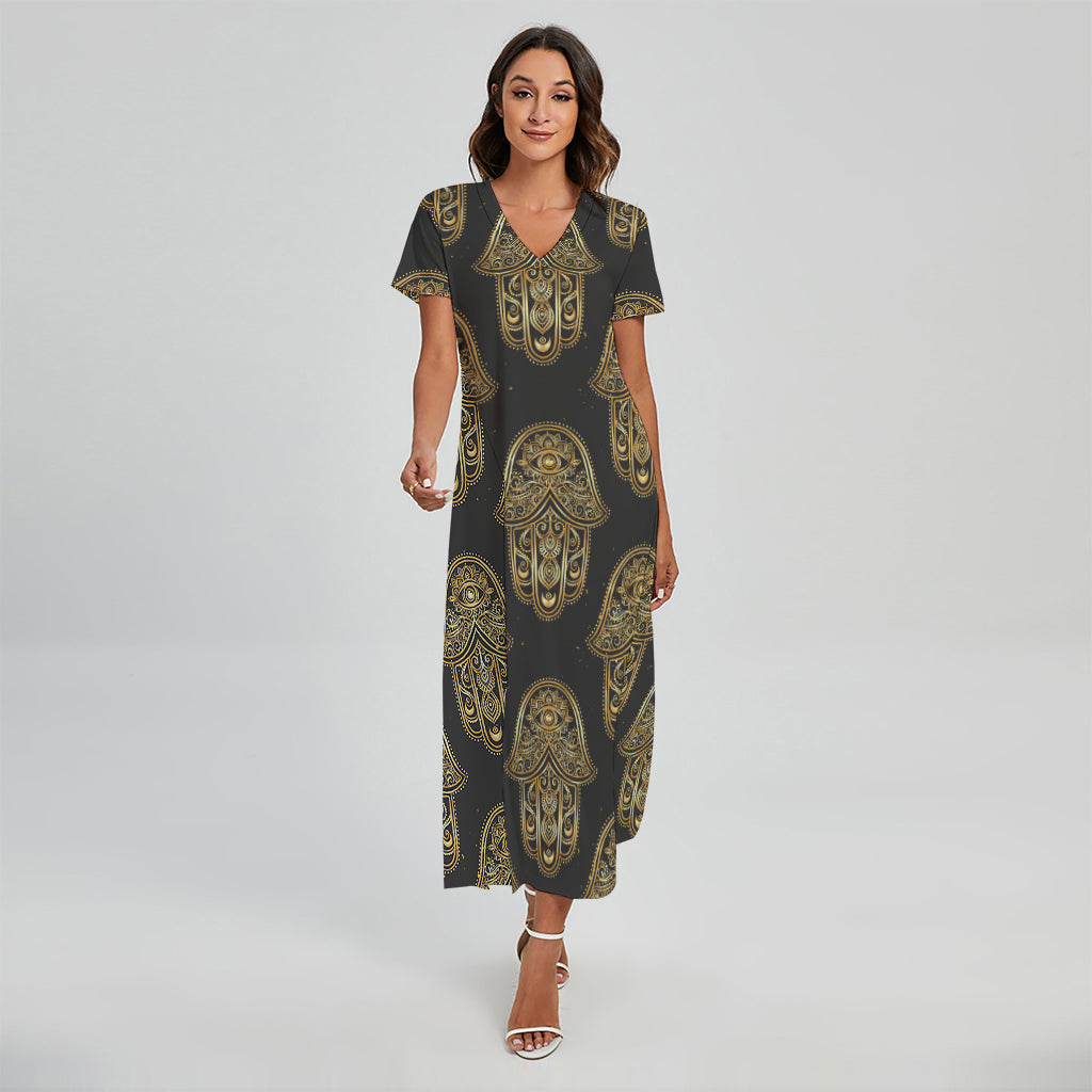 Gold Hamsa Pattern Print Short Sleeve Maxi Dress