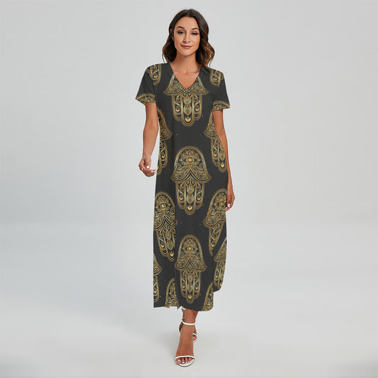 Gold Hamsa Pattern Print Short Sleeve Maxi Dress