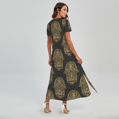Gold Hamsa Pattern Print Short Sleeve Maxi Dress