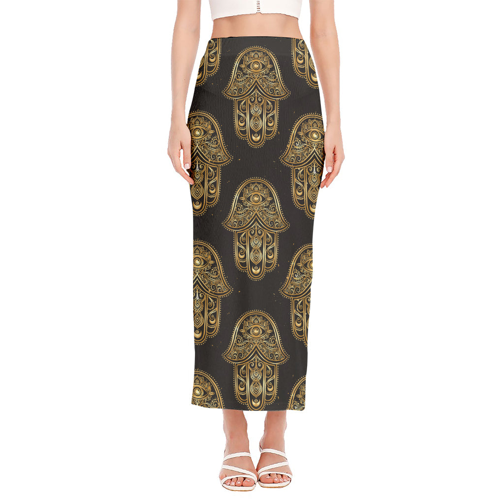 Gold Hamsa Pattern Print Side Slit Maxi Skirt