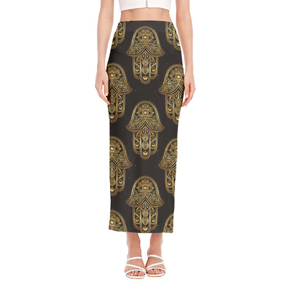 Gold Hamsa Pattern Print Side Slit Maxi Skirt