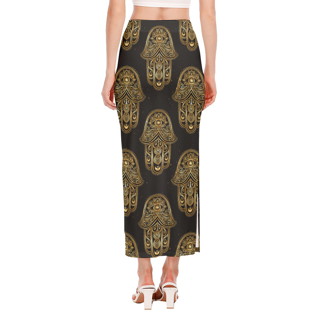 Gold Hamsa Pattern Print Side Slit Maxi Skirt