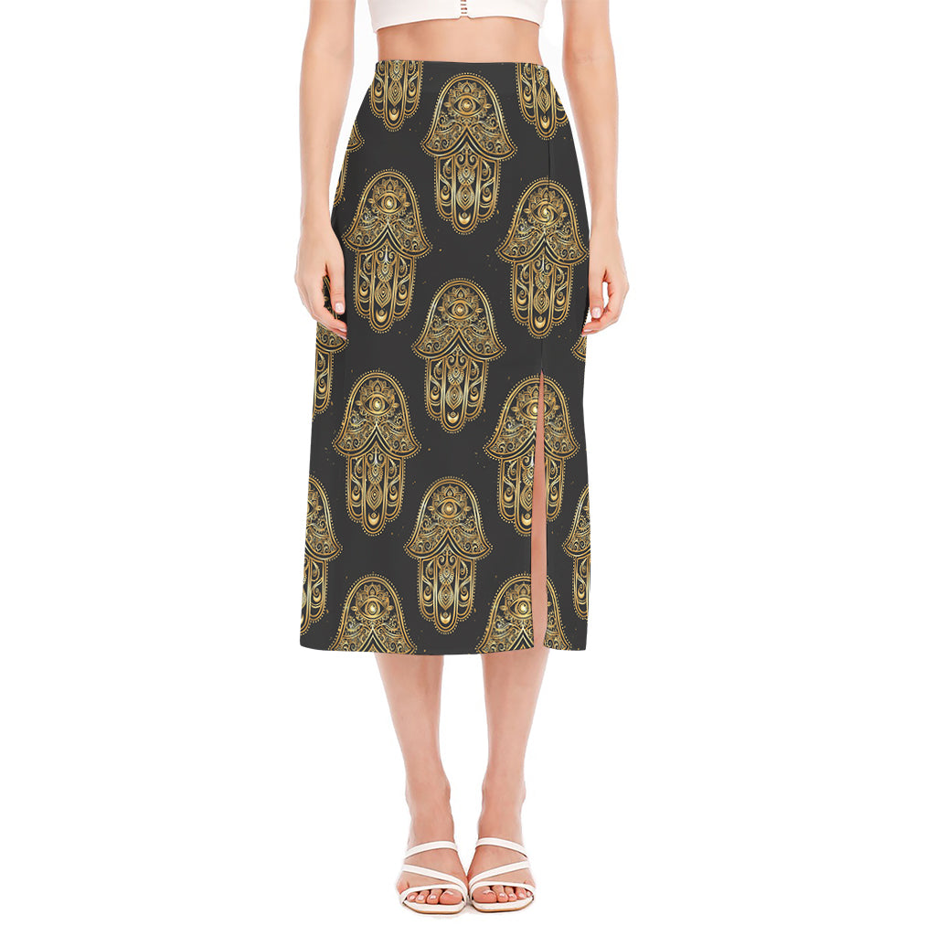 Gold Hamsa Pattern Print Side Slit Midi Skirt