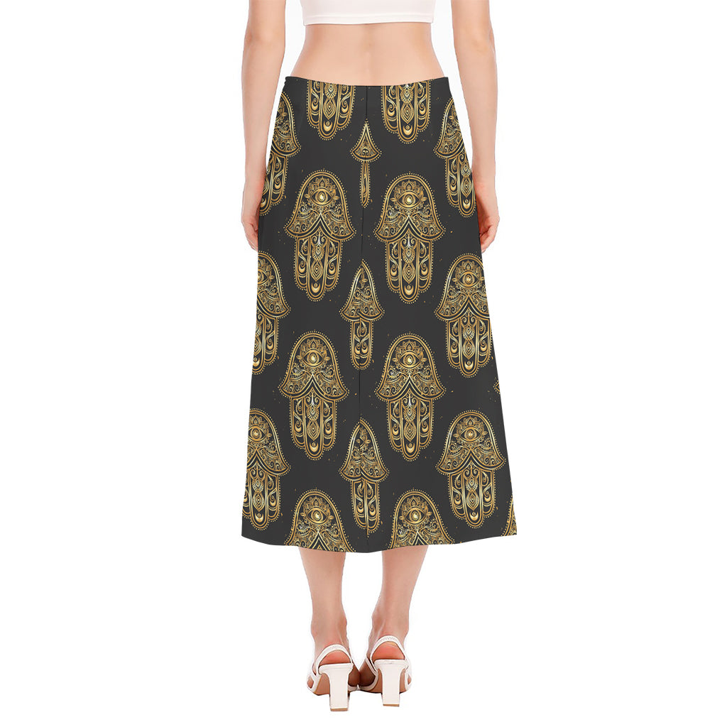 Gold Hamsa Pattern Print Side Slit Midi Skirt