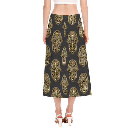 Gold Hamsa Pattern Print Side Slit Midi Skirt