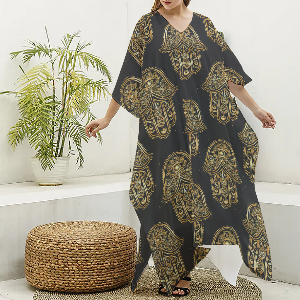 Gold Hamsa Pattern Print Silk V-Neck Kaftan Dress