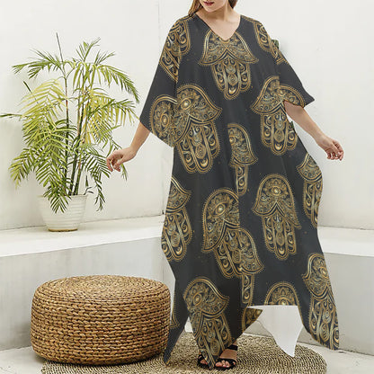 Gold Hamsa Pattern Print Silk V-Neck Kaftan Dress