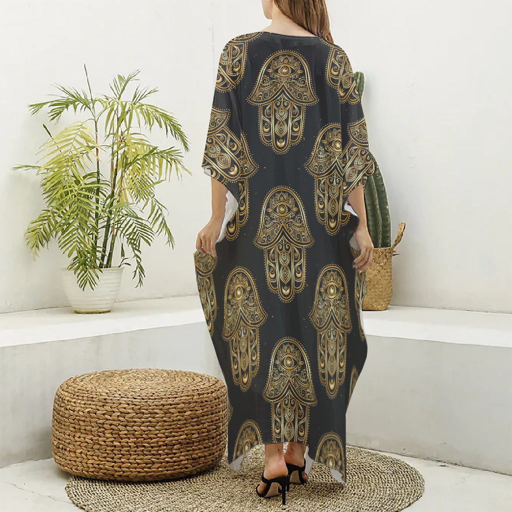 Gold Hamsa Pattern Print Silk V-Neck Kaftan Dress