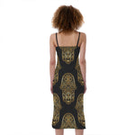 Gold Hamsa Pattern Print Slim Fit Midi Cami Dress