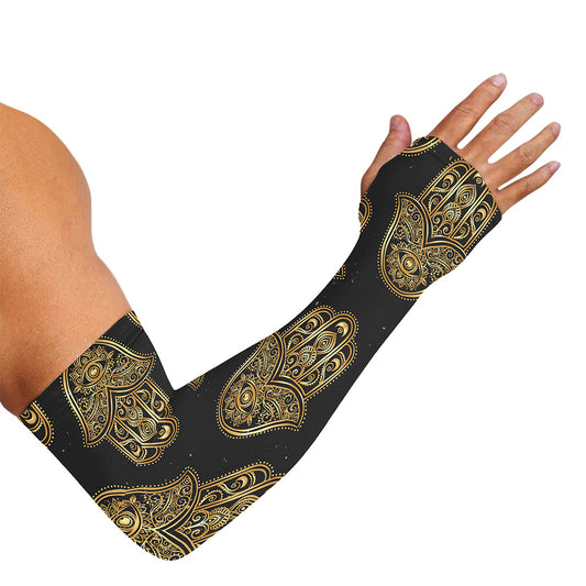 Gold Hamsa Pattern Print Sun Protection Arm Sleeves