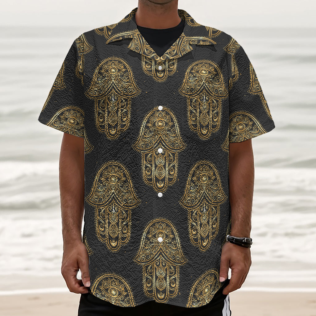 Gold Hamsa Pattern Print Textured Short Sleeve Shirt