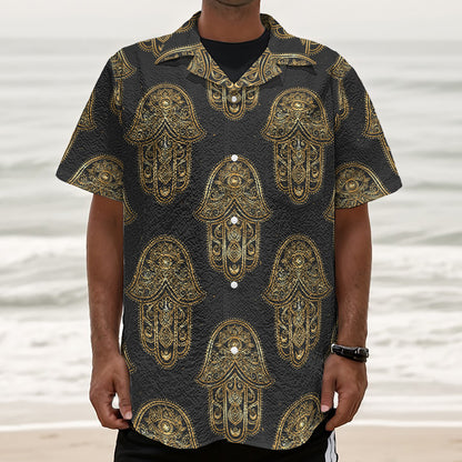 Gold Hamsa Pattern Print Textured Short Sleeve Shirt