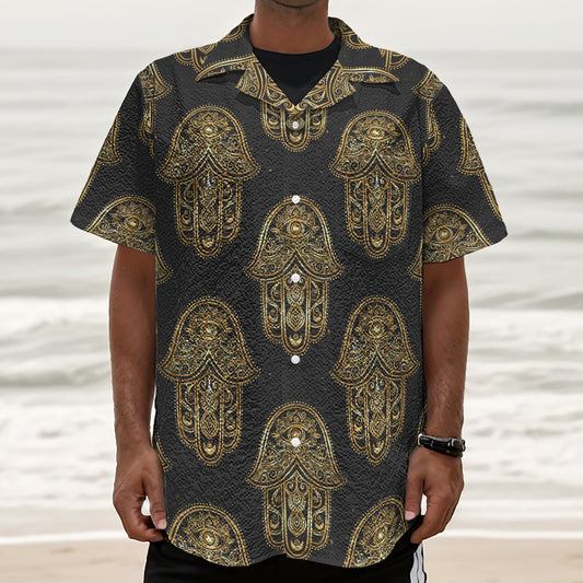 Gold Hamsa Pattern Print Textured Short Sleeve Shirt