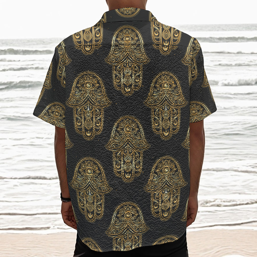 Gold Hamsa Pattern Print Textured Short Sleeve Shirt