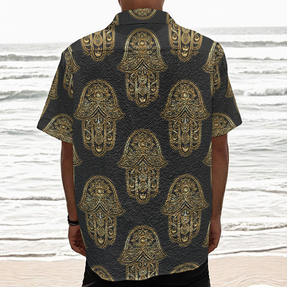 Gold Hamsa Pattern Print Textured Short Sleeve Shirt