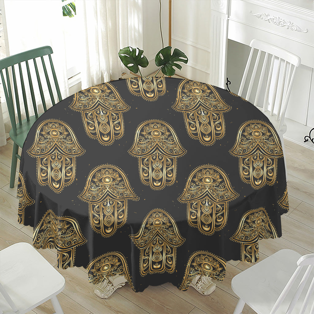 Gold Hamsa Pattern Print Waterproof Round Tablecloth