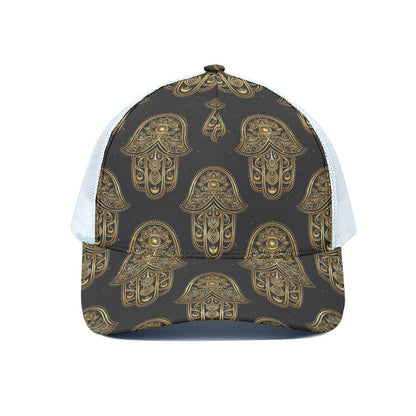 Gold Hamsa Pattern Print White Mesh Trucker Cap
