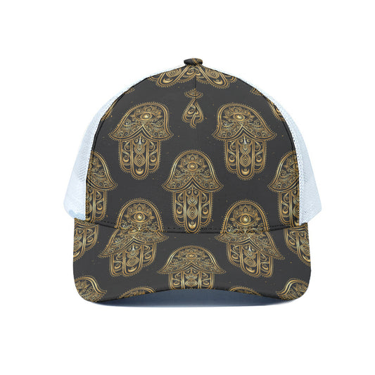 Gold Hamsa Pattern Print White Mesh Trucker Cap