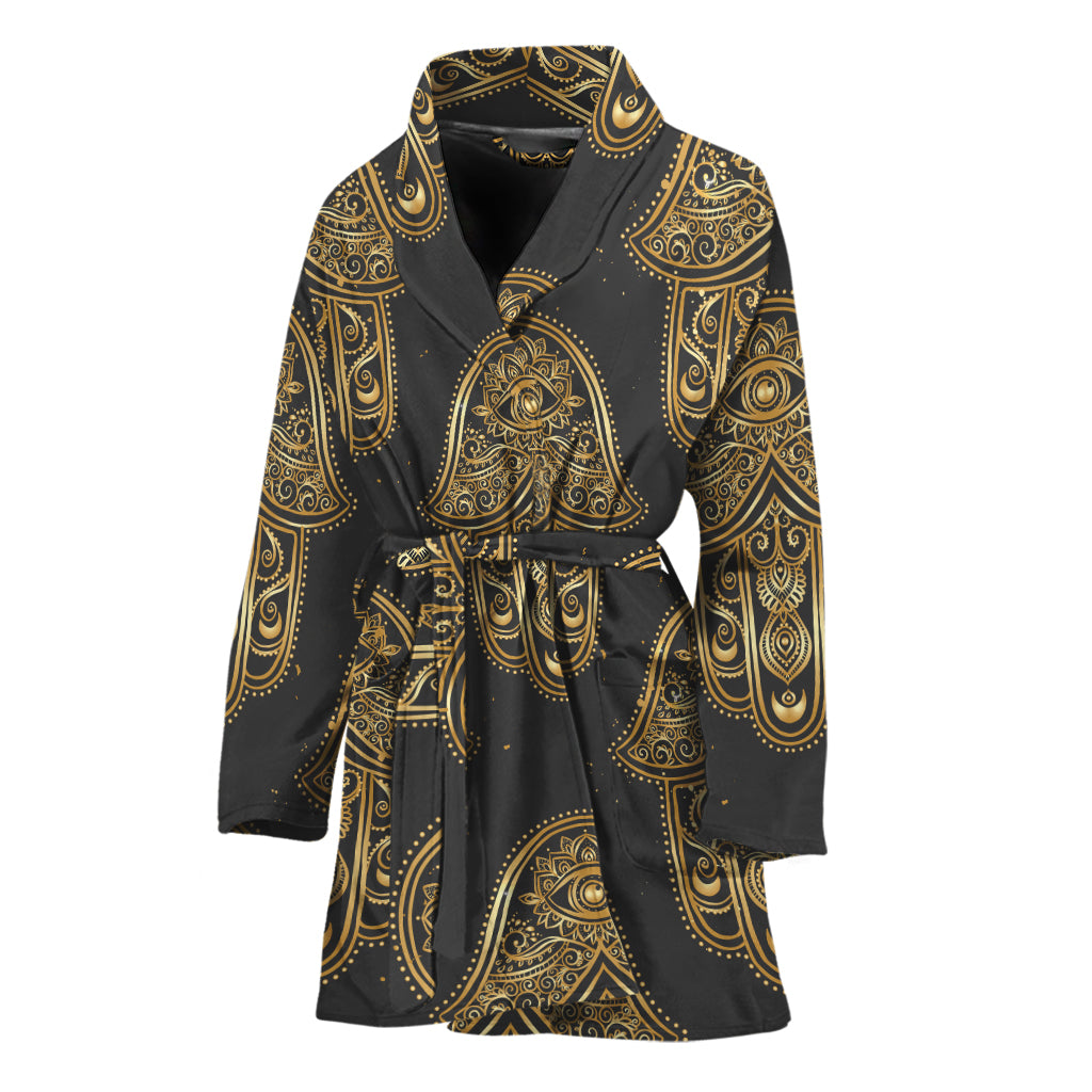Gold Hamsa Pattern Print Women's Bathrobe