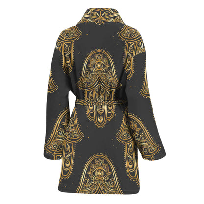 Gold Hamsa Pattern Print Women's Bathrobe