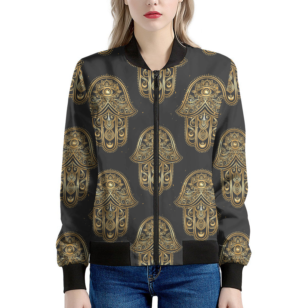 Gold Hamsa Pattern Print Women's Bomber Jacket