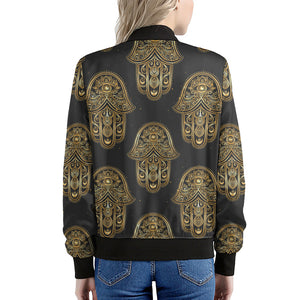 Gold Hamsa Pattern Print Women's Bomber Jacket