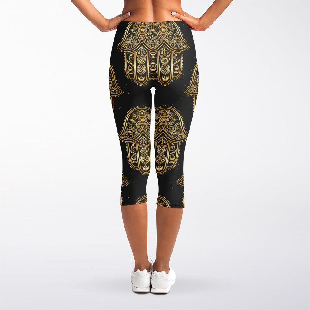 Gold Hamsa Pattern Print Women's Capri Leggings
