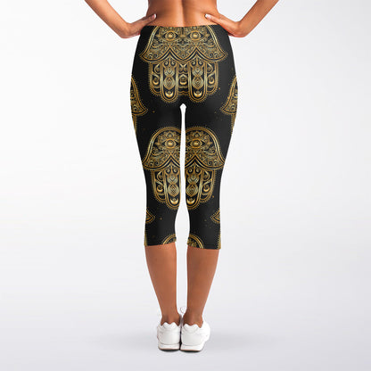 Gold Hamsa Pattern Print Women's Capri Leggings