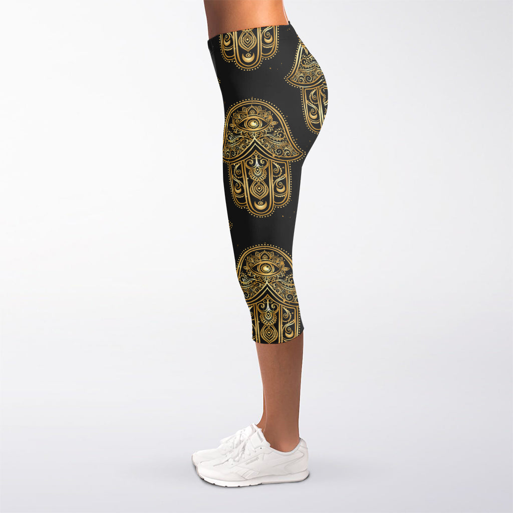 Gold Hamsa Pattern Print Women's Capri Leggings